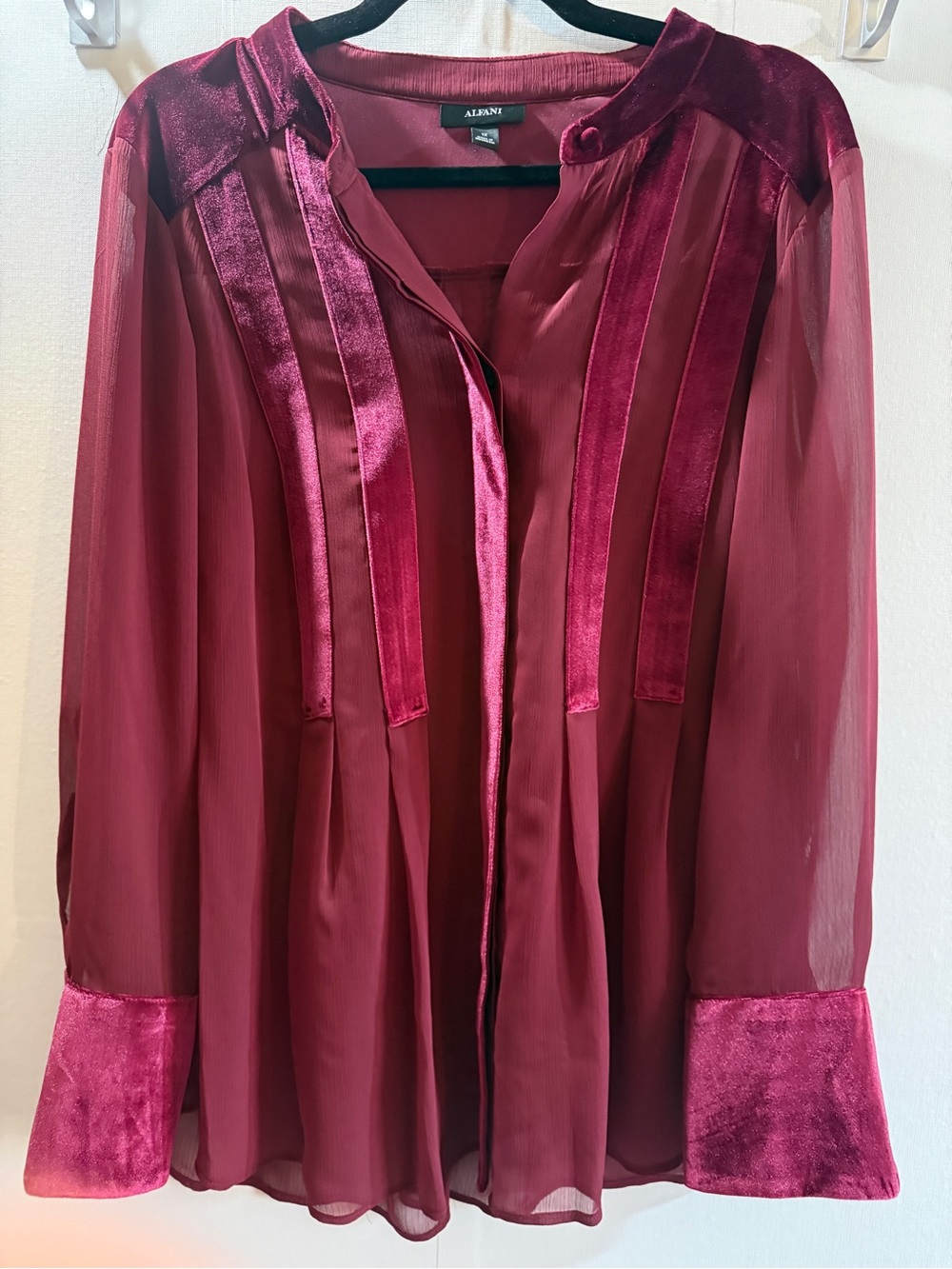 NWT Alfani Mod Shimmer Velvet Chiffon Blouse Burgundy Sheer Plus Size 1X